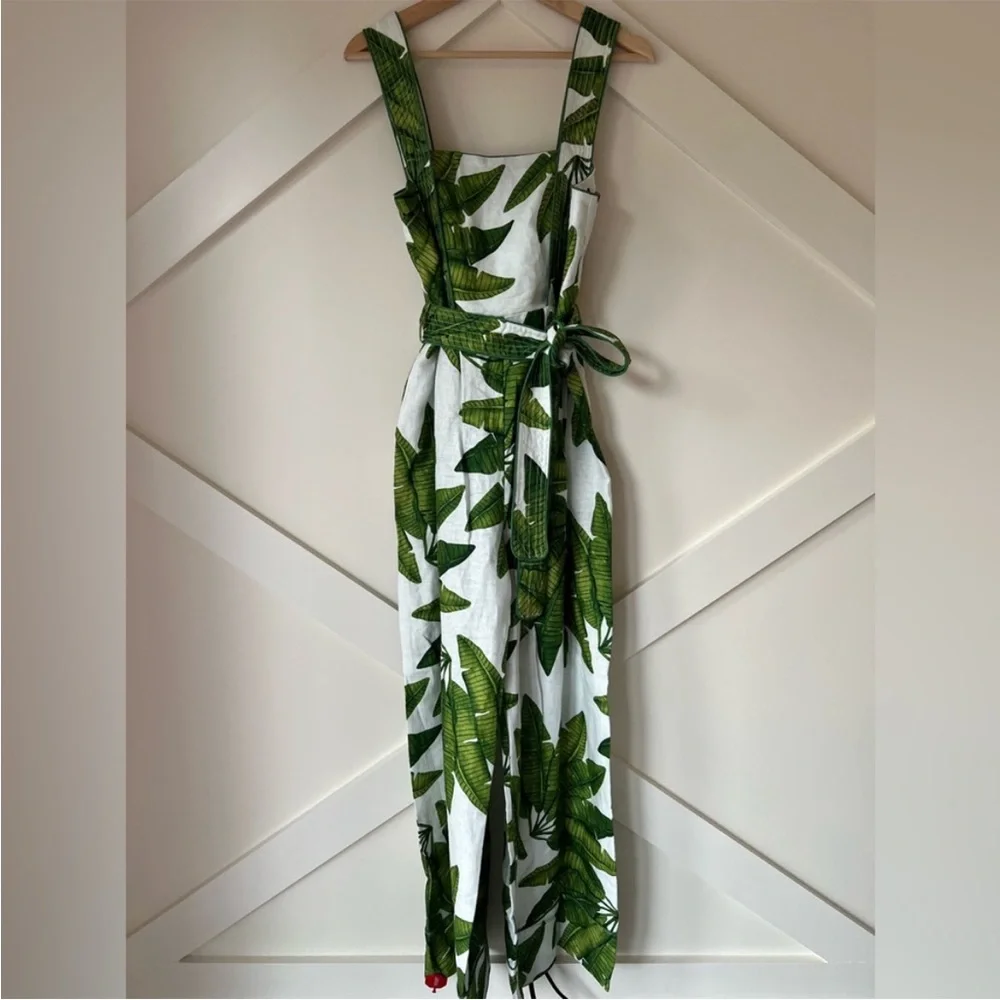 Farm Rio x Anthropologie Palm Fan Off-White Jumpsuit NWT Size XS Linen